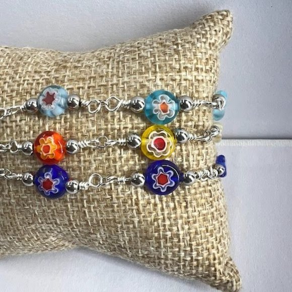 Handmade Millefiori Glass Bracelet Set with Lobster Clasp Silver. Blue Red - Picture 2 of 7